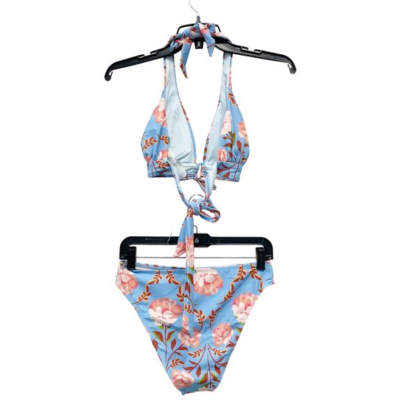Cupshe Women's Blue Floral Tie Front Halter & Cheeky Bikini Set Size Medium - Picture 4 of 10
